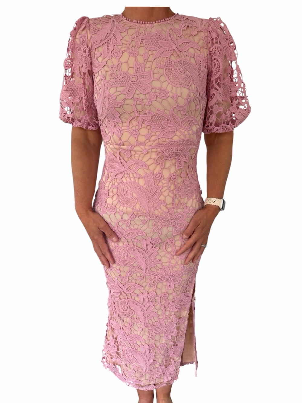 Pink Crochet Lace Midi Puff Sleeve Dress Size Small
